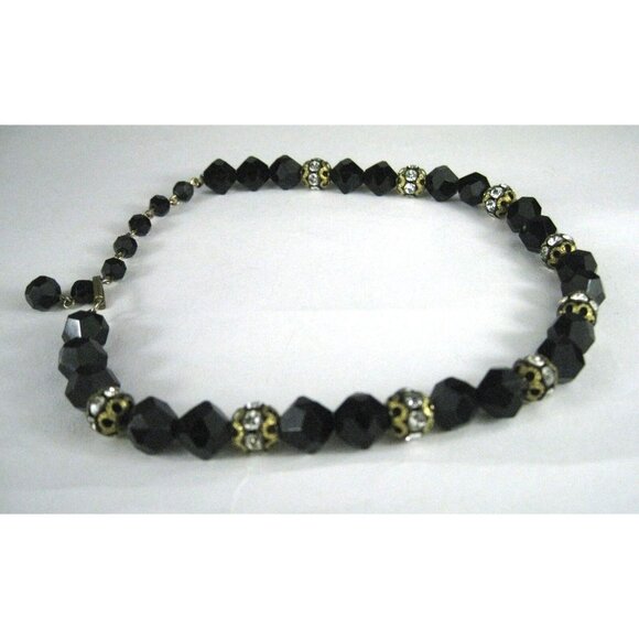 Necklace Plastic Faceted Beads Rhinestones 12 In Choker Goldtone Collar Vintage - Picture 6 of 9